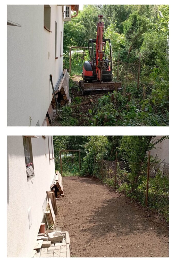 Tereprendezés gépi földmunkával lakóház mellett